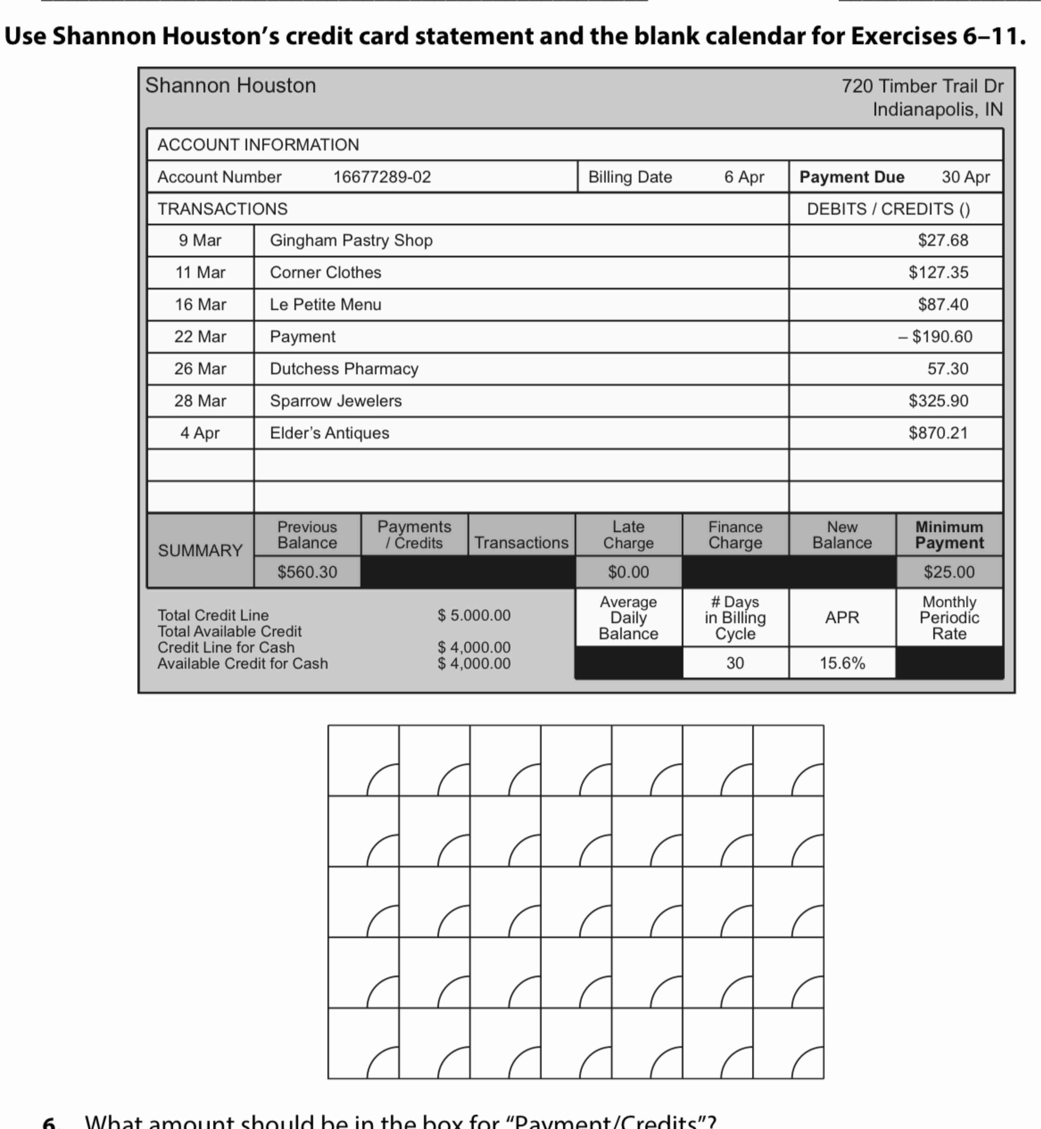 Solved Use Shannon Houston's credit card statement and the | Chegg.com