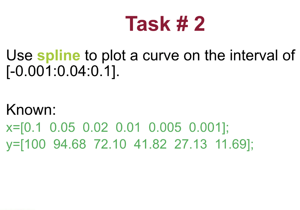 Task # 2 Use spline to plot a curve on the interval of [-0.001:0.04:0.1). Known: x=[0.1 0.05 0.02 0.01 0.005 0.001]; y=[100 9