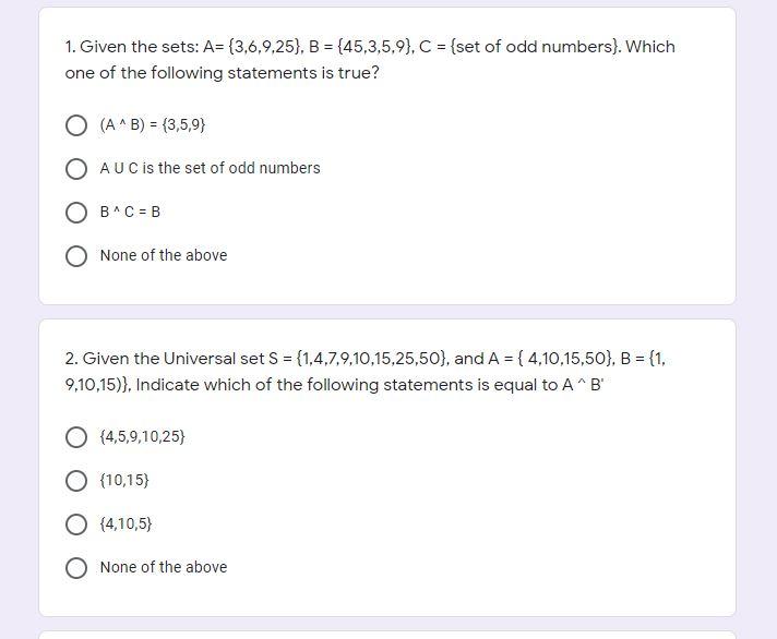 Solved 1. Given The Sets: A= {3,6,9,25), B = {45,3,5,9), C = | Chegg.com