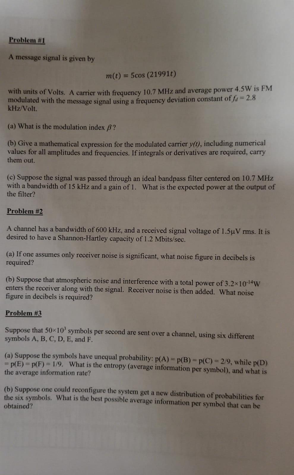 Solved Problem #1 A Message Signal Is Given By M(t) = 5cos | Chegg.com