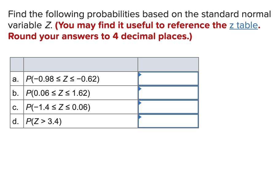 Solved Find the following probabilities based on the