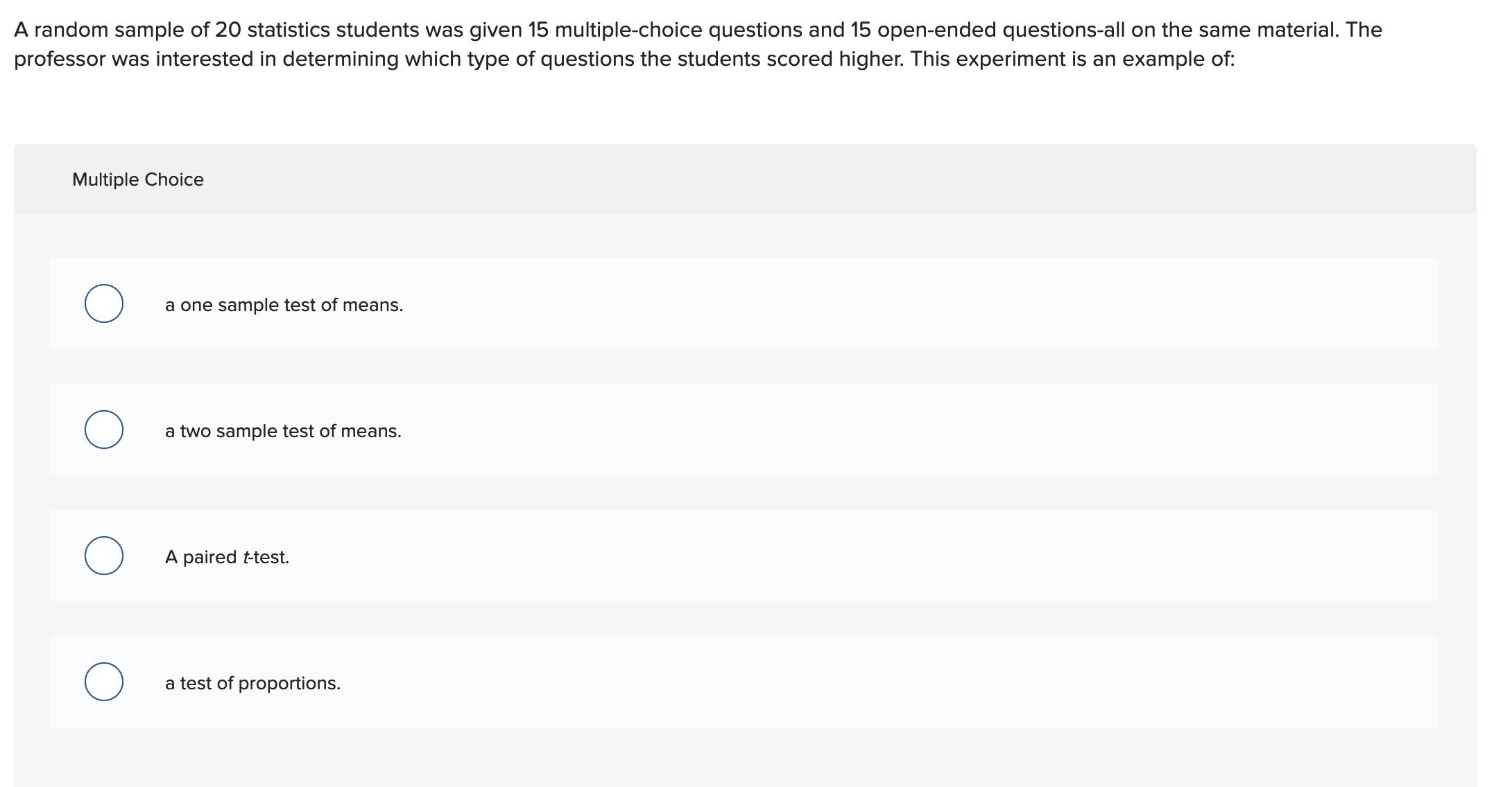 Solved A random sample of 20 statistics students was given | Chegg.com