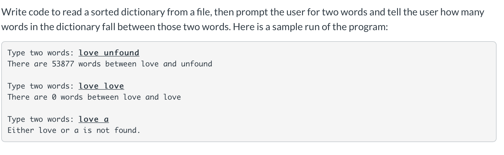 Solved Write code to read a sorted dictionary from a file, | Chegg.com