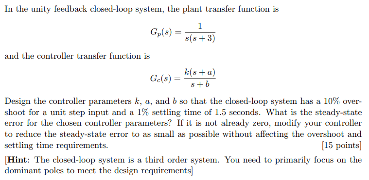 Solved In the unity feedback closed-loop system, the plant | Chegg.com