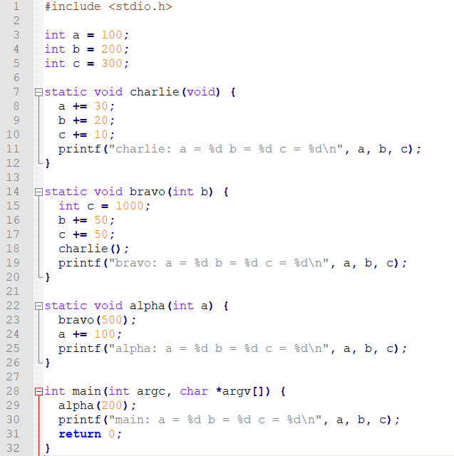 Solved In dynamic scope.c, it prints charlie: a = _____ ? In | Chegg.com