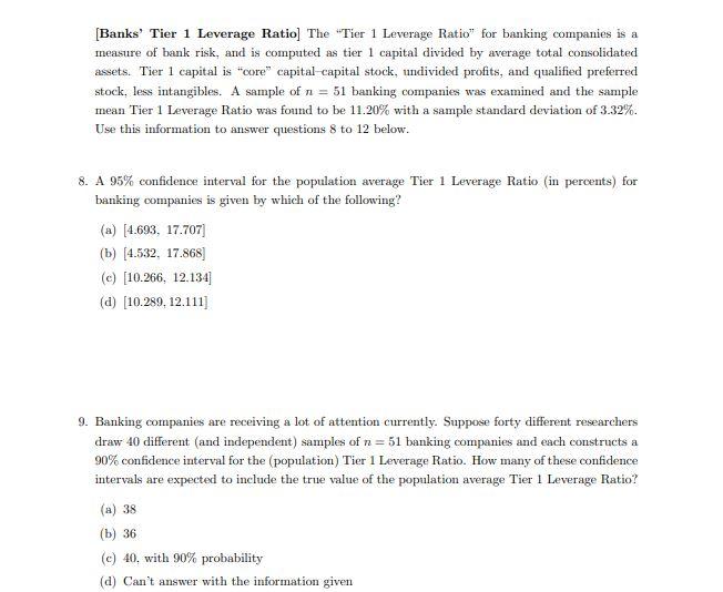 Solved [Banks' Tier 1 Leverage Ratio) The "Tier 1 Leverage