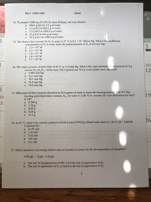 Solved Test 2 CHEM 1306 Name: 12. To prepare 1.000 kg of SS% | Chegg.com