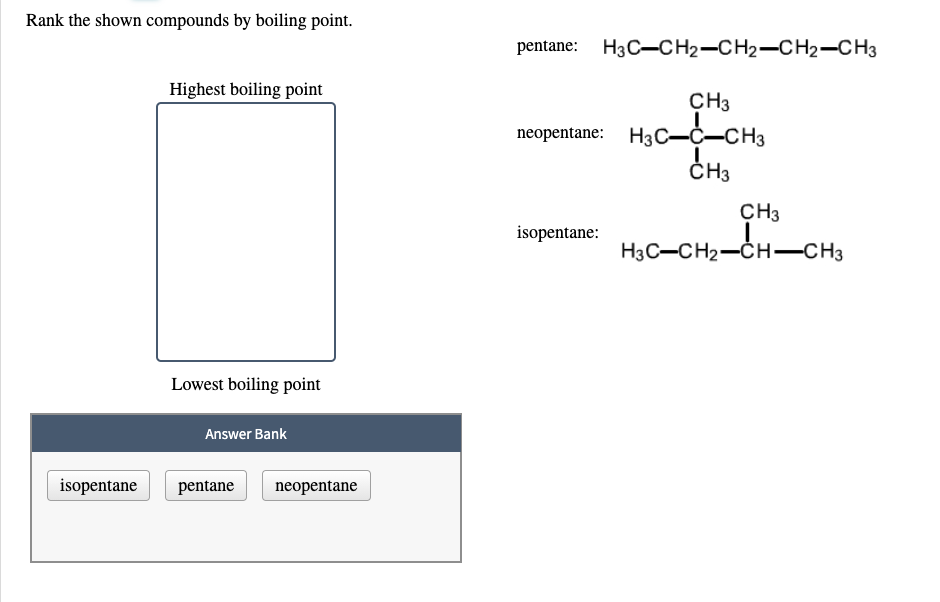 Solved Rank the shown compounds by boiling point. pentane: | Chegg.com