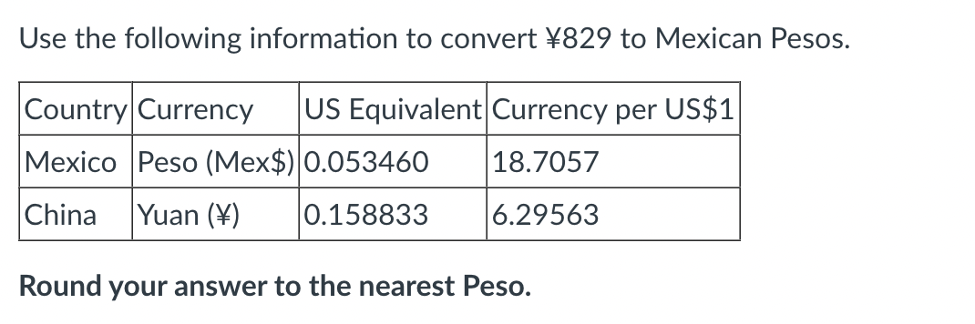 Solved Use the following information to convert ¥829 to | Chegg.com