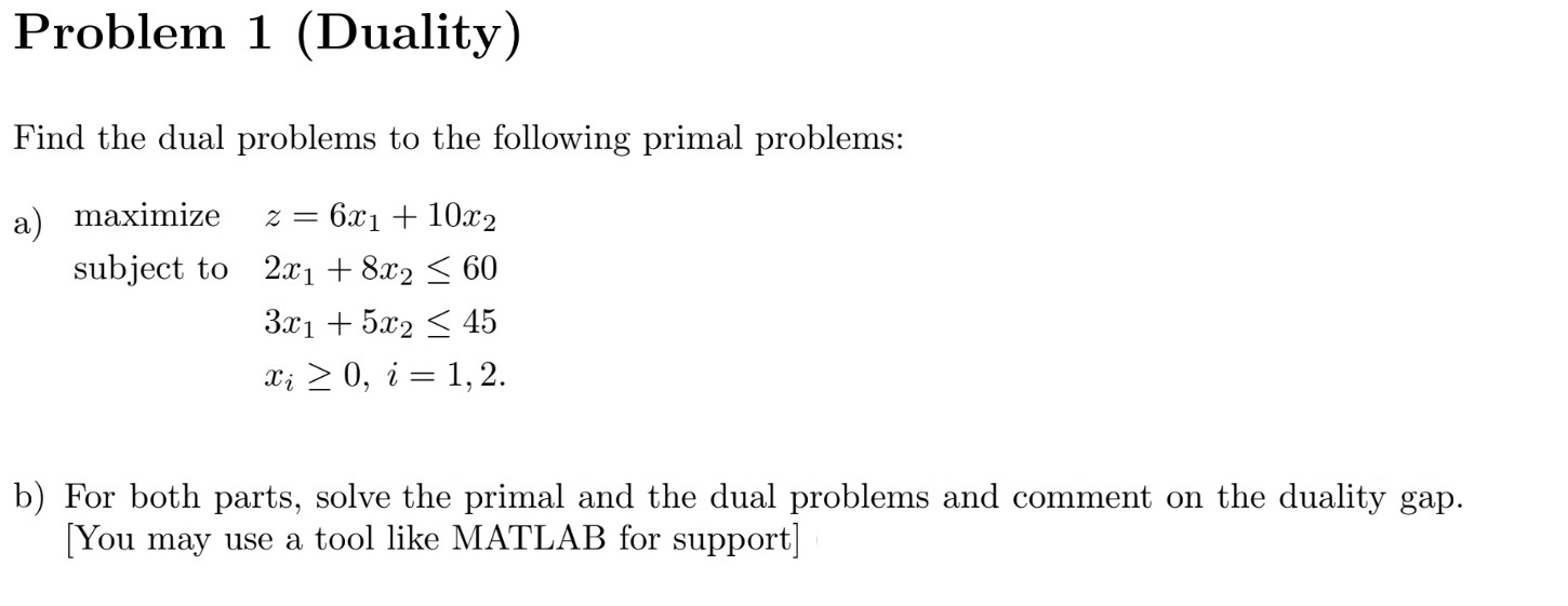 Solved Problem 1 (Duality) Find The Dual Problems To The | Chegg.com