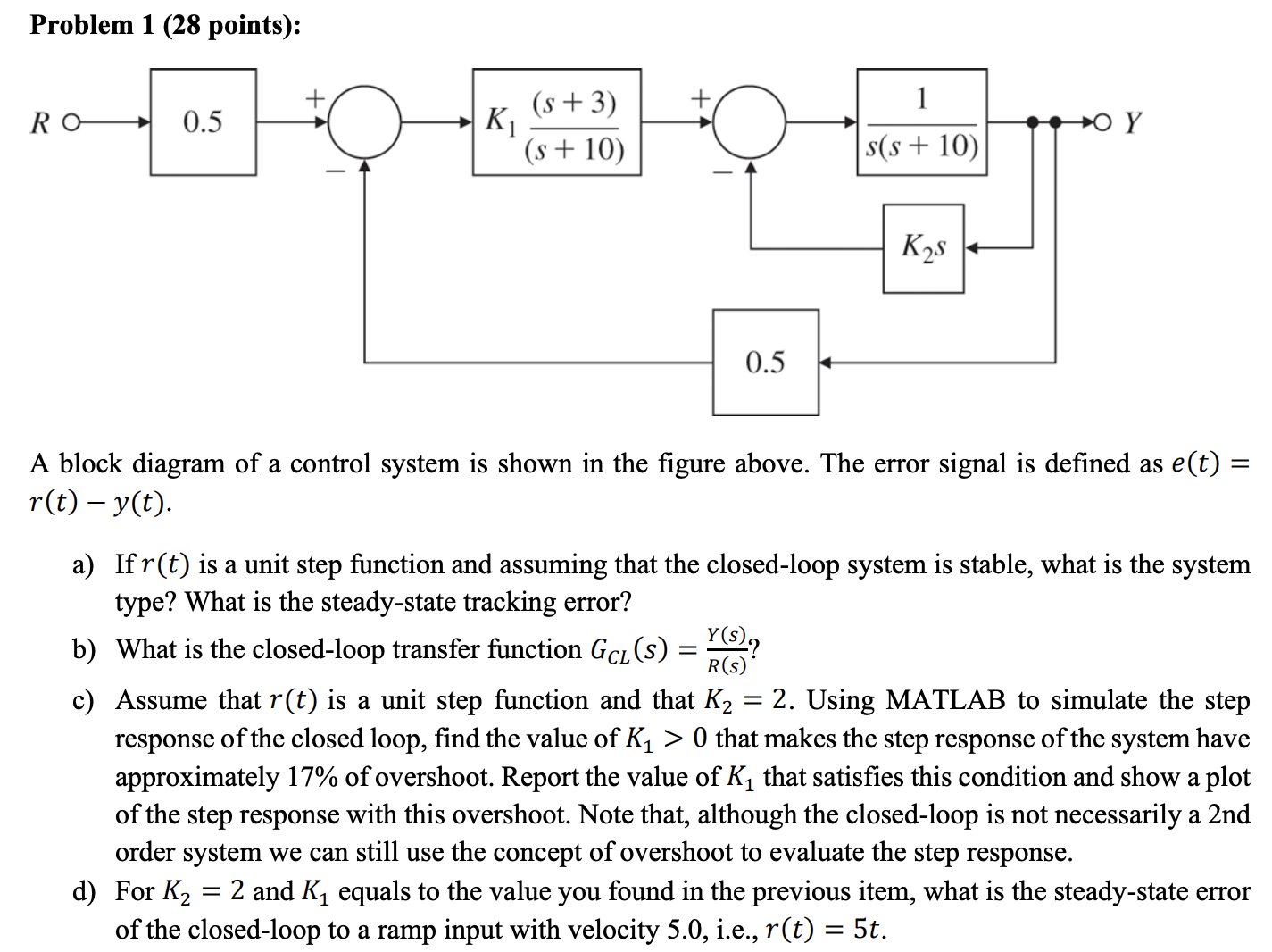 Solved Problem 1 (28 points): A block diagram of a control | Chegg.com