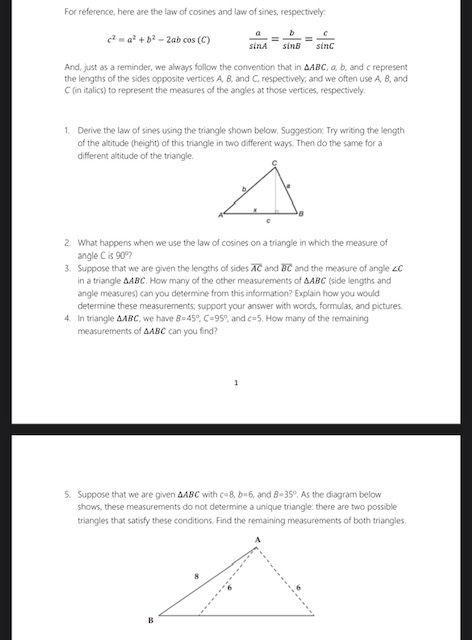 For reference, here are the law of cosines and law of | Chegg.com