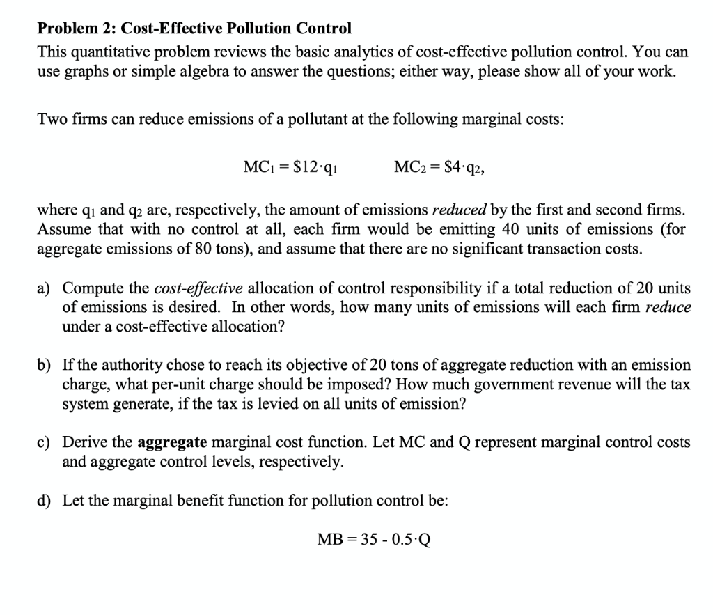 Problem 2 Cost Effective Pollution Control This Chegg Com   PhpSfrnK6