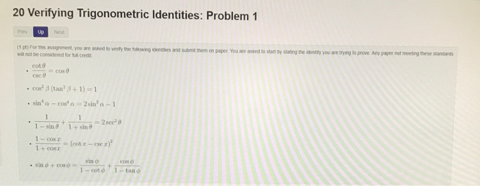 Solved y 20 Verifying Trigonometric Identities: Problem 1 Up | Chegg.com