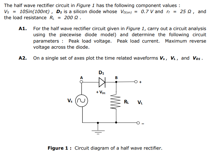 Solved The half wave rectifier circuit in Figure 1 has the | Chegg.com