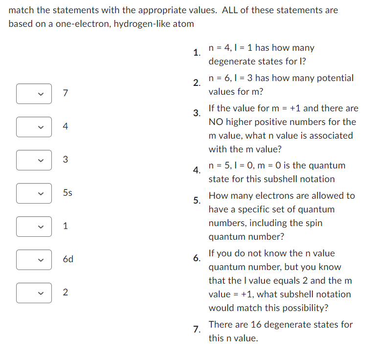 Solved Match The Statements With The Appropriate Values ALL Chegg Com