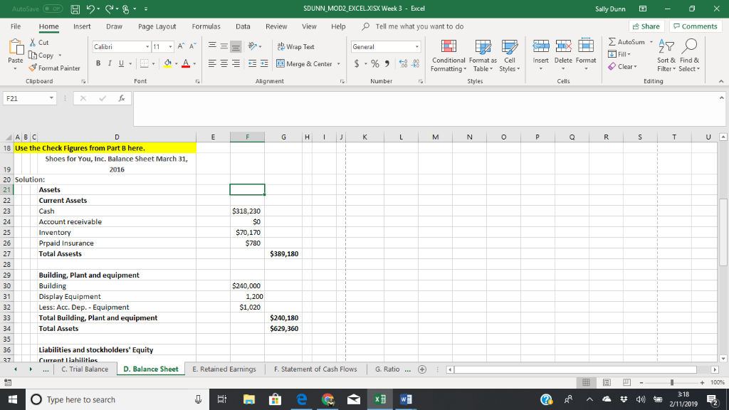 Solved SDUNN MOD2 EXCEL.XSX Week 3 - Excel Sally Dunn-X File | Chegg.com