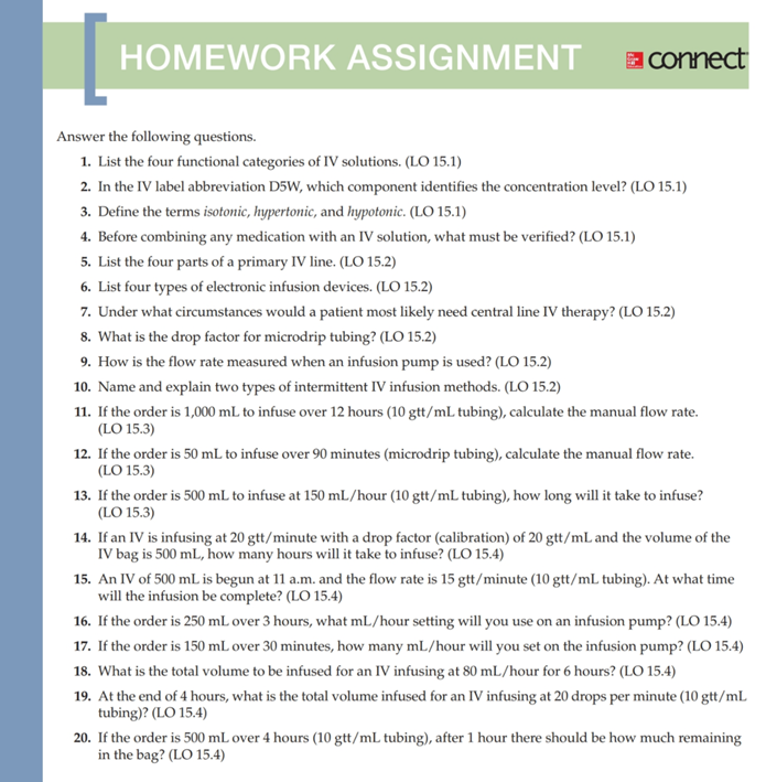 HOMEWORK ASSIGNMENT connect Answer the following questions. 1. List the four functional categories of IV solutions. (LO 15.1)