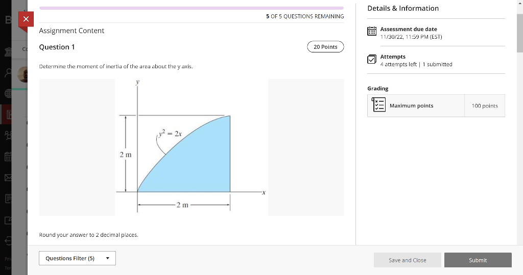 Determine the moment of inertia of the area about the \( y \) axis.
Round your answer to 2 decimal places.