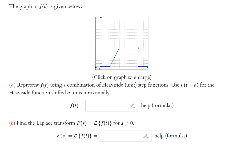 The graph of \( f(t) \) is given below:
(Click on graph to enlarge)
(a) Represent \( f(t) \) using a combination of Heaviside