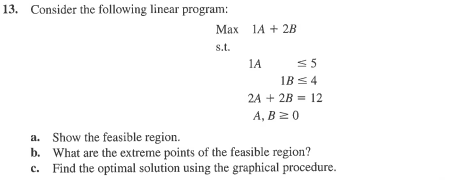 Solved 13. Consider the following linear program: Max 1A + | Chegg.com