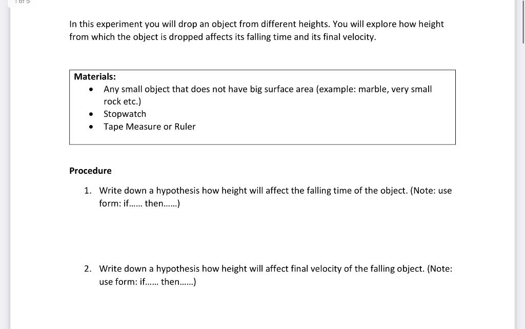 Solved In this experiment you will drop an object from | Chegg.com