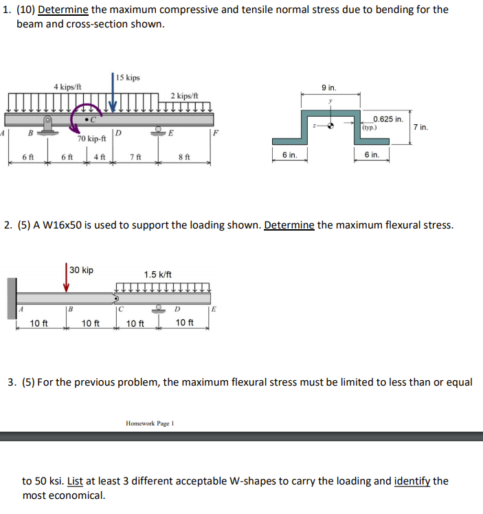 Solved 1. (10) Determine the maximum compressive and tensile | Chegg.com