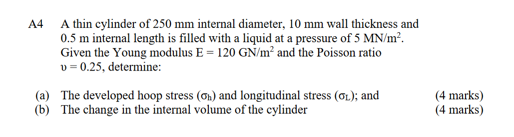 Solved A4 A thin cylinder of 250 mm internal diameter, 10 mm | Chegg.com