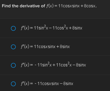 find the derivative of f x )= sinx cosx