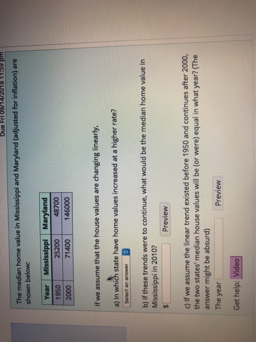 Solved The median home value in Mississippi and Maryland