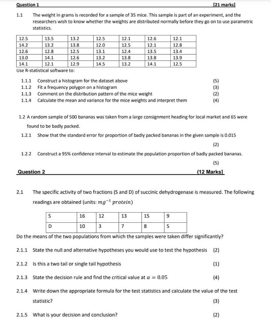 Solved 1.1 The weight in grams is recorded for a sample of