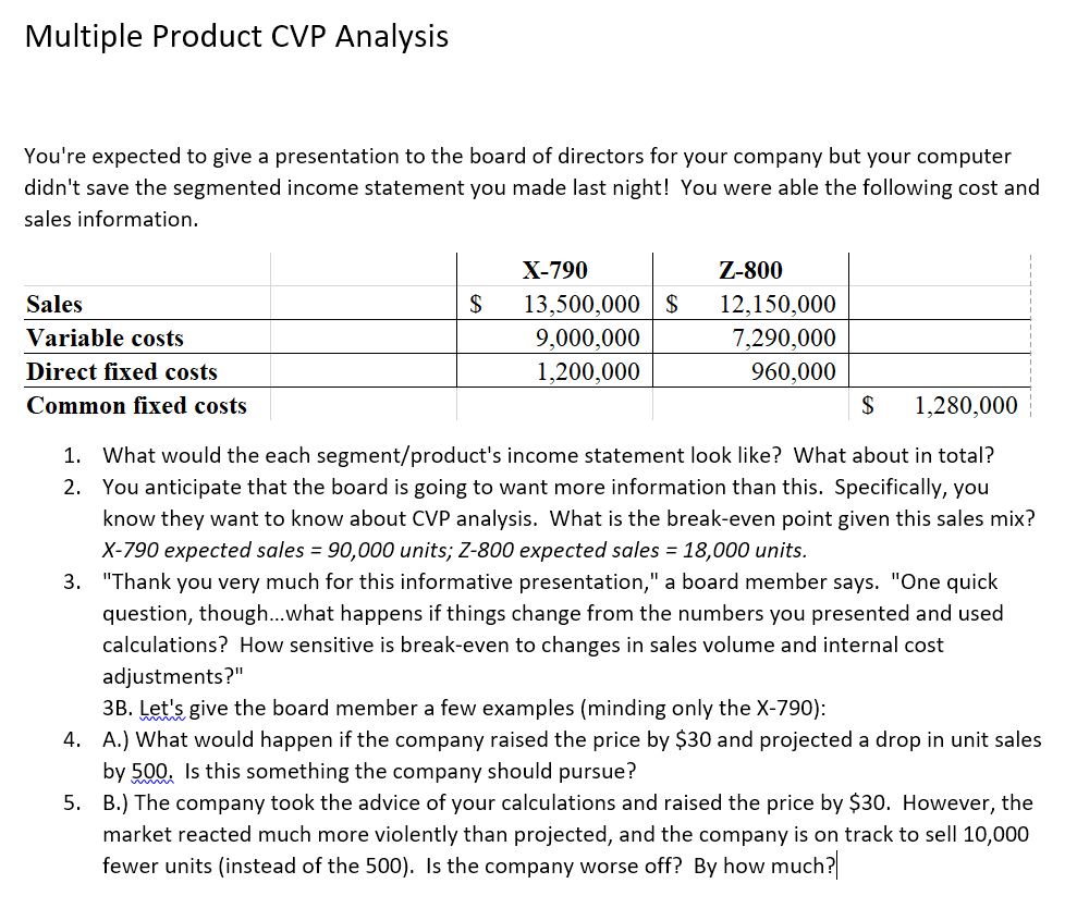 Multiple Product CVP Analysis You're expected to give | Chegg.com