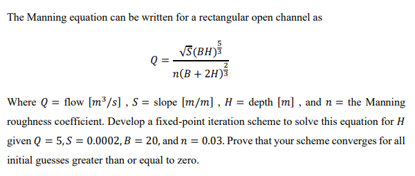 Solved The Manning Equation Can Be Written For A Rectangular | Chegg.com