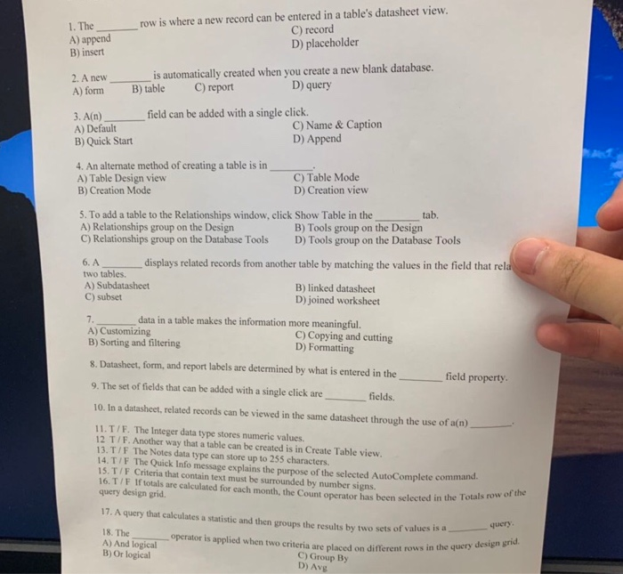 row is where a new record can be entered in a table s Chegg