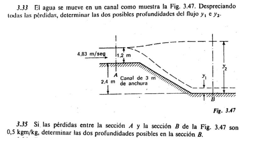 3.33 El agua se mueve en un canal como muestra la Fig. 3.47. Despreciando todas las pérdidas, determinar las dos posibles pro