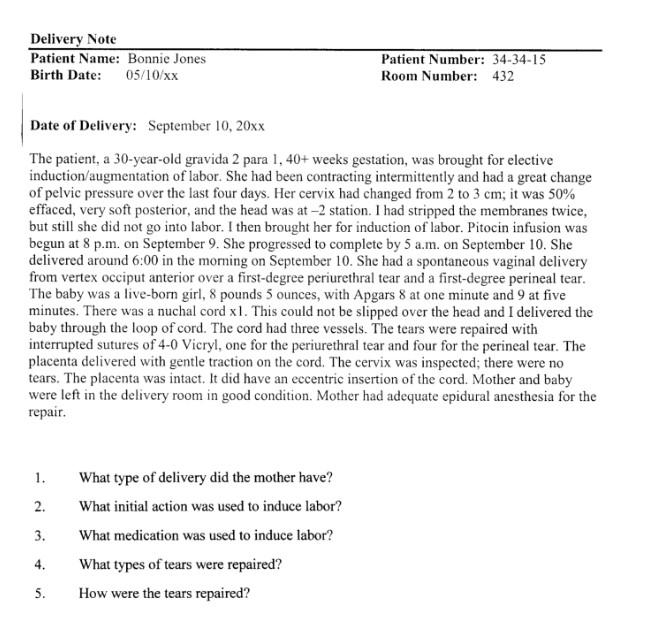 Delivery Note Patient Name: Bonnie Jones Birth Date: 05/10/xx Patient Number: 34-34-15 Room Number: 432 Date of Delivery: Sep