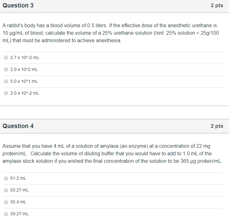 Solved Question 3 2 pts A rabbit's body has a blood volume | Chegg.com