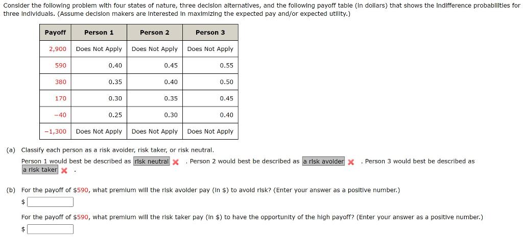 Solved (a) Classify each person as a risk avoider, risk | Chegg.com