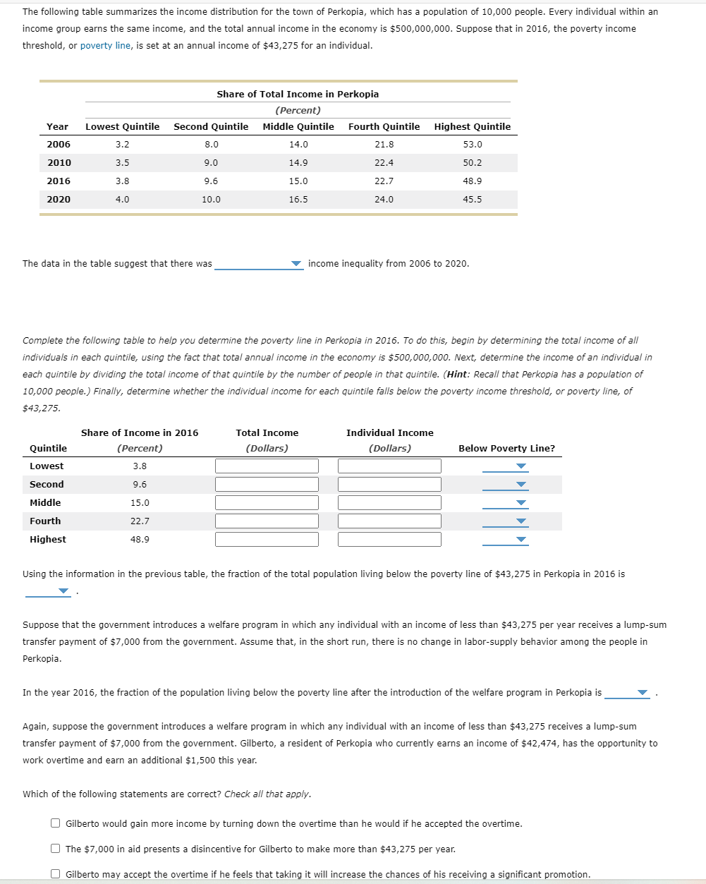 The following table summarizes the income distribution for the town of Perkopia, which has a population of 10,000 people. Eve