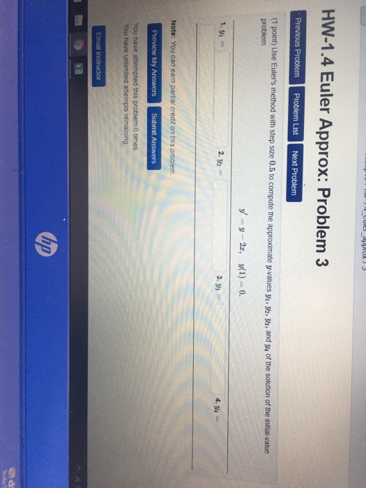 Solved HW-1.4 Euler Approx: Problem 3 (1 point) Use Eulers | Chegg.com