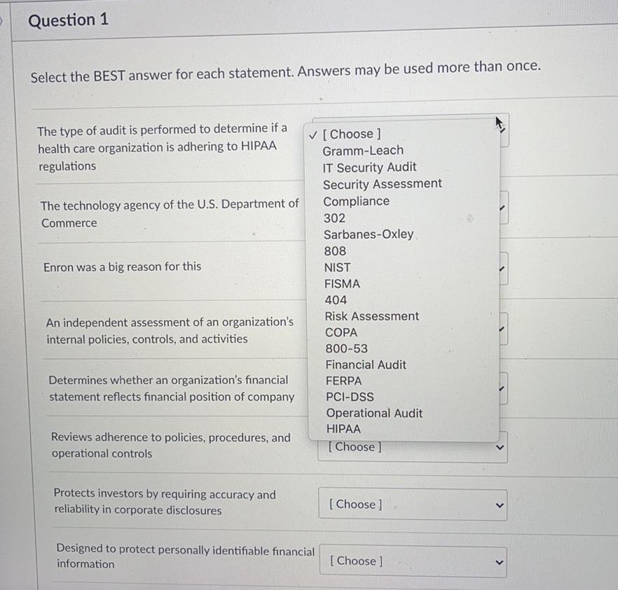 Solved Question 1 Select the BEST answer for each statement. | Chegg.com