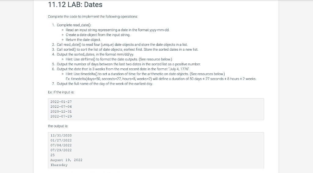 Solved 11.12 LAB: Dates Complete the code to implement the | Chegg.com