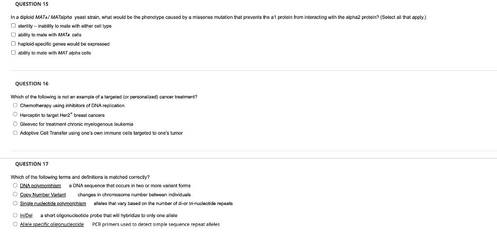 Solved QUESTION 15 In a diploid MATA/ MATalpha yeast strain, | Chegg.com