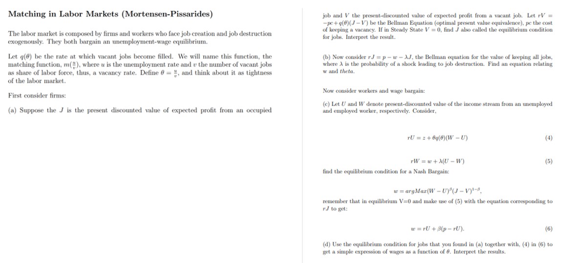 Solved Matching in Labor Markets (Mortensen-Pissarides)The | Chegg.com