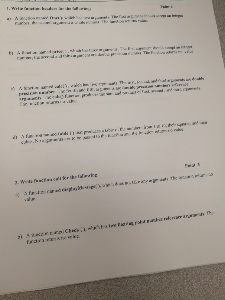 Solved 1. Write Function Headers For The Following: Point 4 | Chegg.com