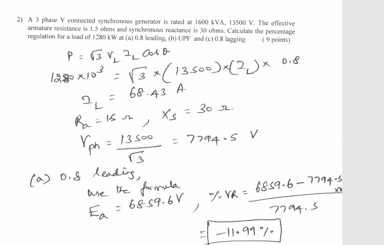 Solved 2) A 3 phase Y connected synchronous generator is | Chegg.com