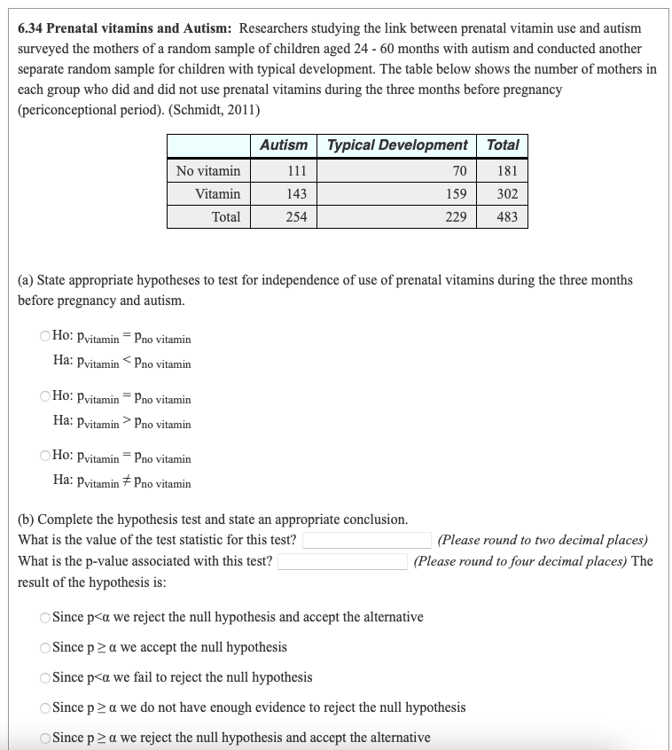 Solved 6.34 Prenatal vitamins and Autism Researchers