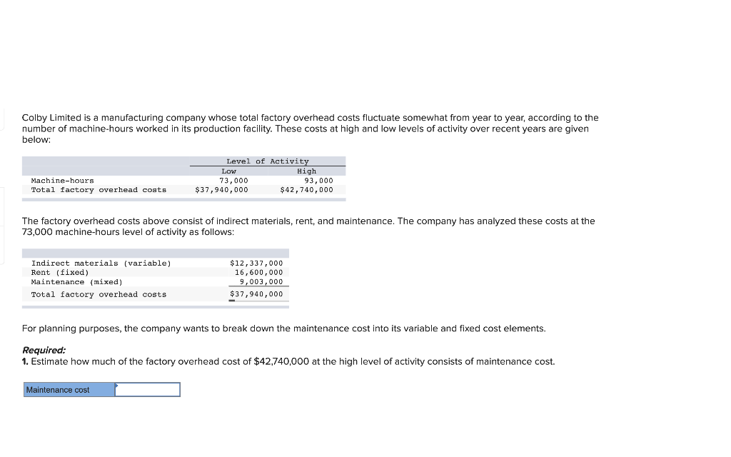 solved-colby-limited-is-a-manufacturing-company-whose-total-chegg