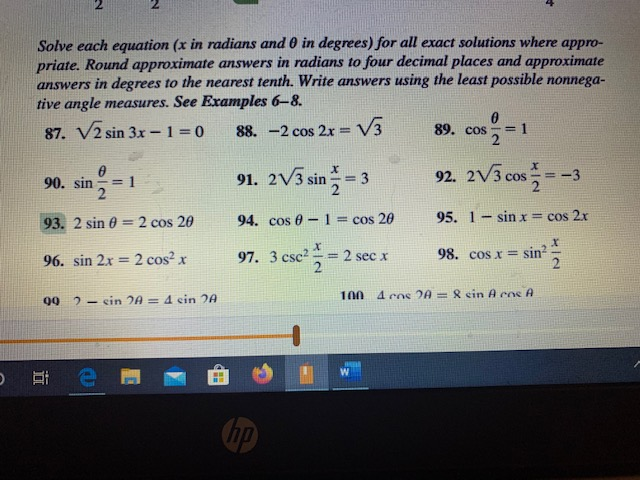 Solved Solve each equation (x in radians and 0 in degrees) | Chegg.com
