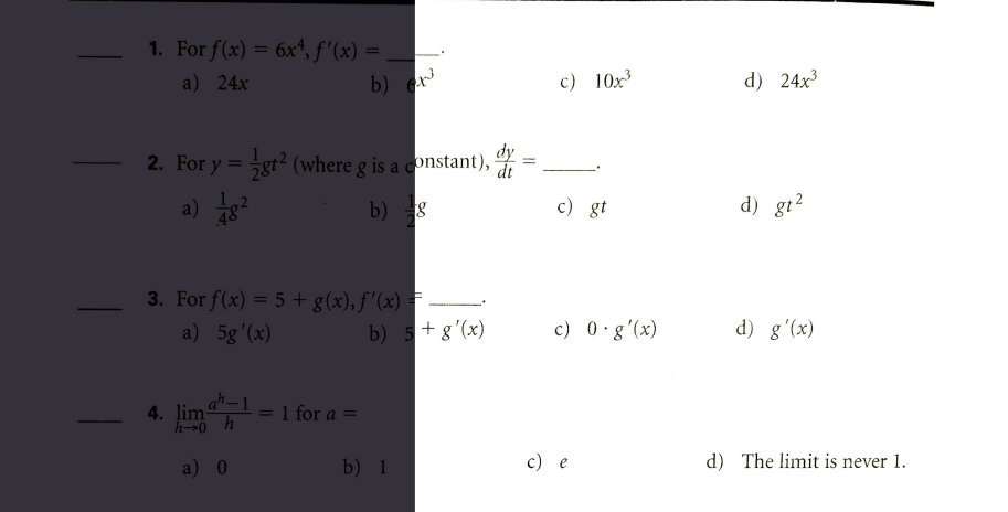 Solved 1 For F X 6x4 F X A 24x B Ex C 10x3 Chegg Com